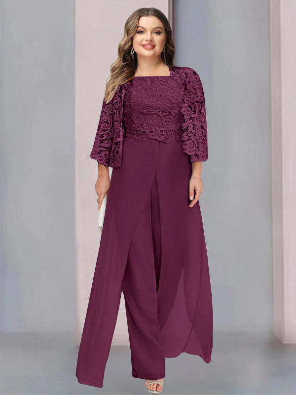 Plus Size Floor-Length Chiffon Pantsuit for the Mother of the Bride with Square Neck and Side Split-27prom