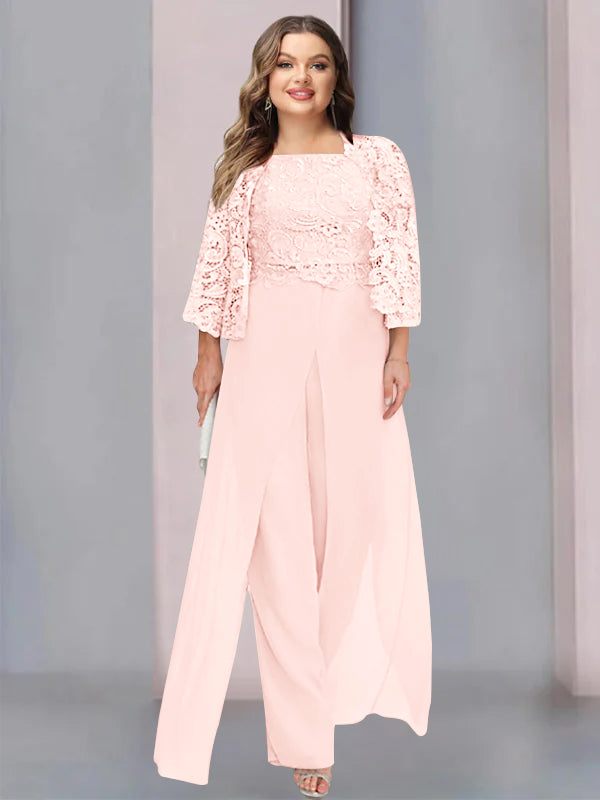 Plus Size Floor-Length Chiffon Pantsuit for the Mother of the Bride with Square Neck and Side Split-27prom