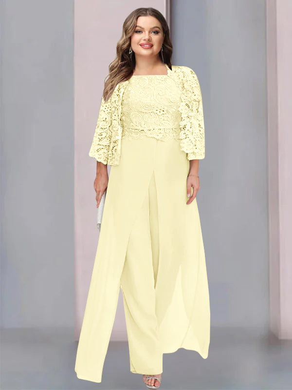 Plus Size Floor-Length Chiffon Pantsuit for the Mother of the Bride with Square Neck and Side Split-27prom