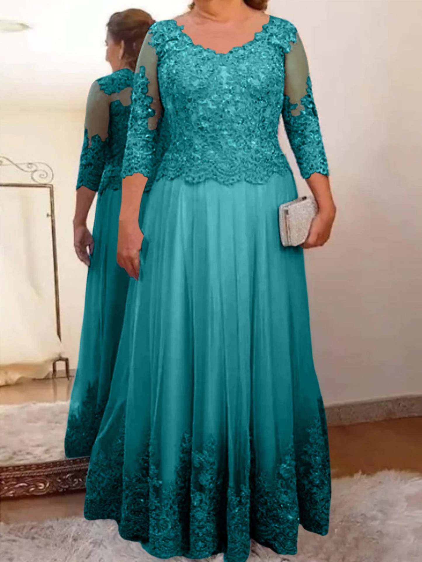 Floor-Length A-Line Mother of the Bride Dress with Sheer Neck and 3/4 Sleeves Featuring Applique-27prom