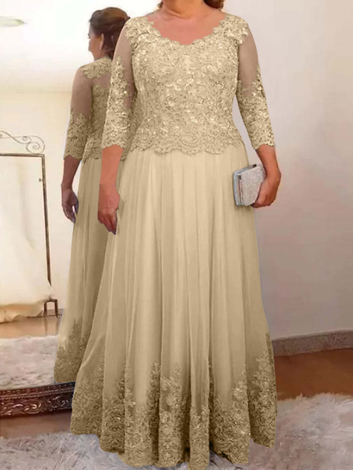 Floor-Length A-Line Mother of the Bride Dress with Sheer Neck and 3/4 Sleeves Featuring Applique-27prom