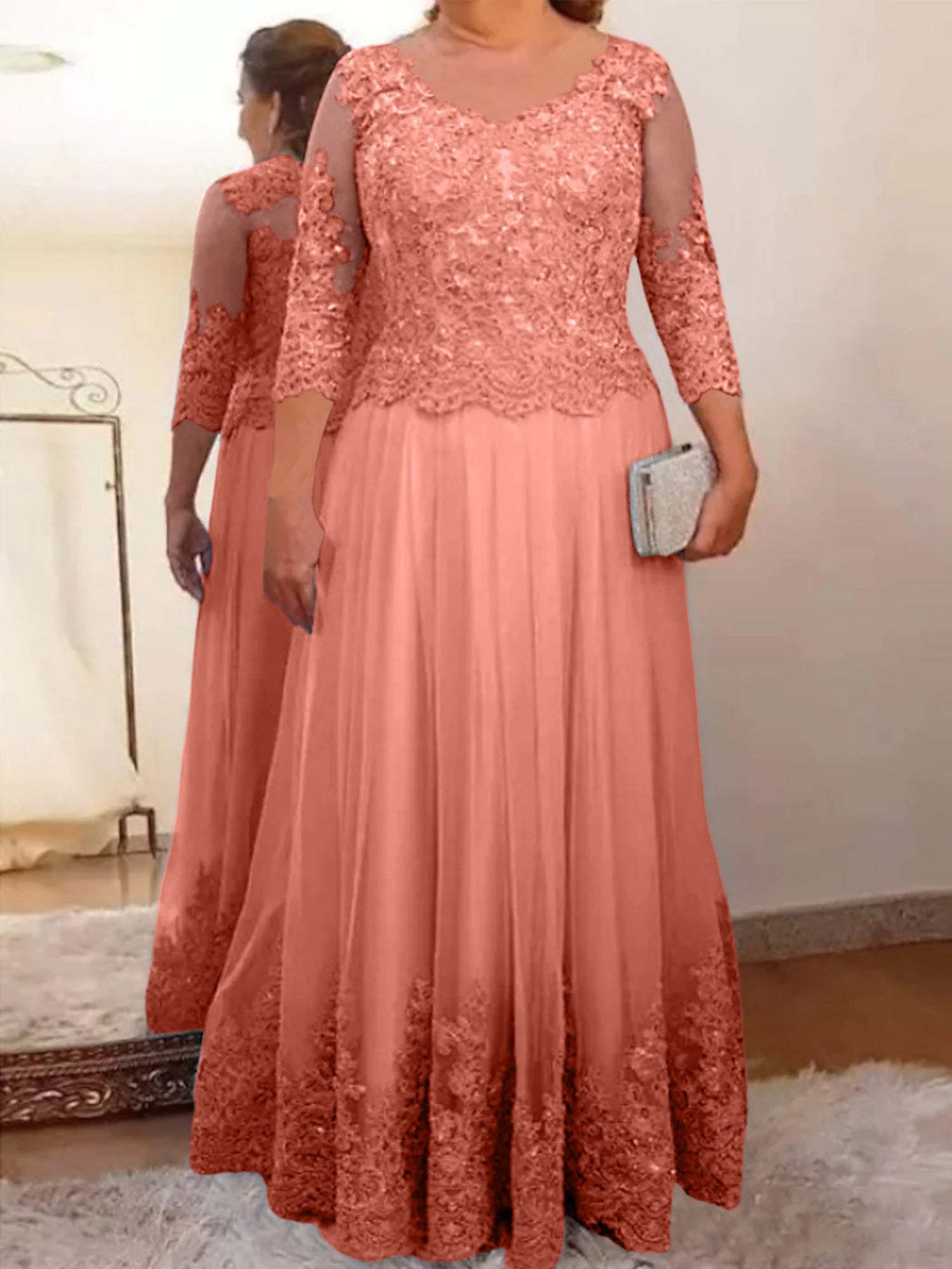 Floor-Length A-Line Mother of the Bride Dress with Sheer Neck and 3/4 Sleeves Featuring Applique-27prom