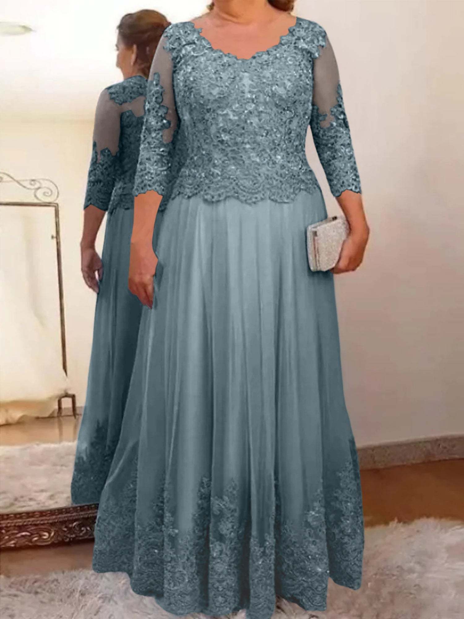 Floor-Length A-Line Mother of the Bride Dress with Sheer Neck and 3/4 Sleeves Featuring Applique-27prom