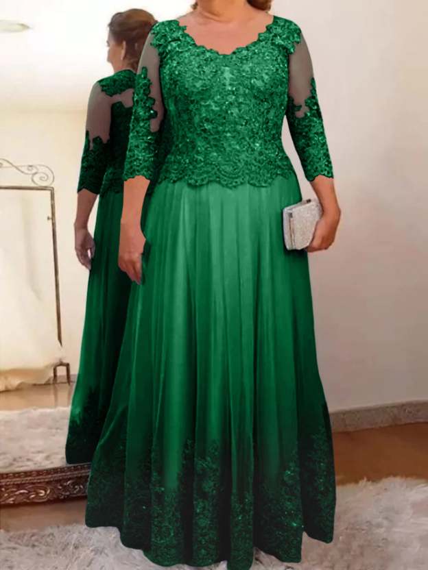 Floor-Length A-Line Mother of the Bride Dress with Sheer Neck and 3/4 Sleeves Featuring Applique-27prom