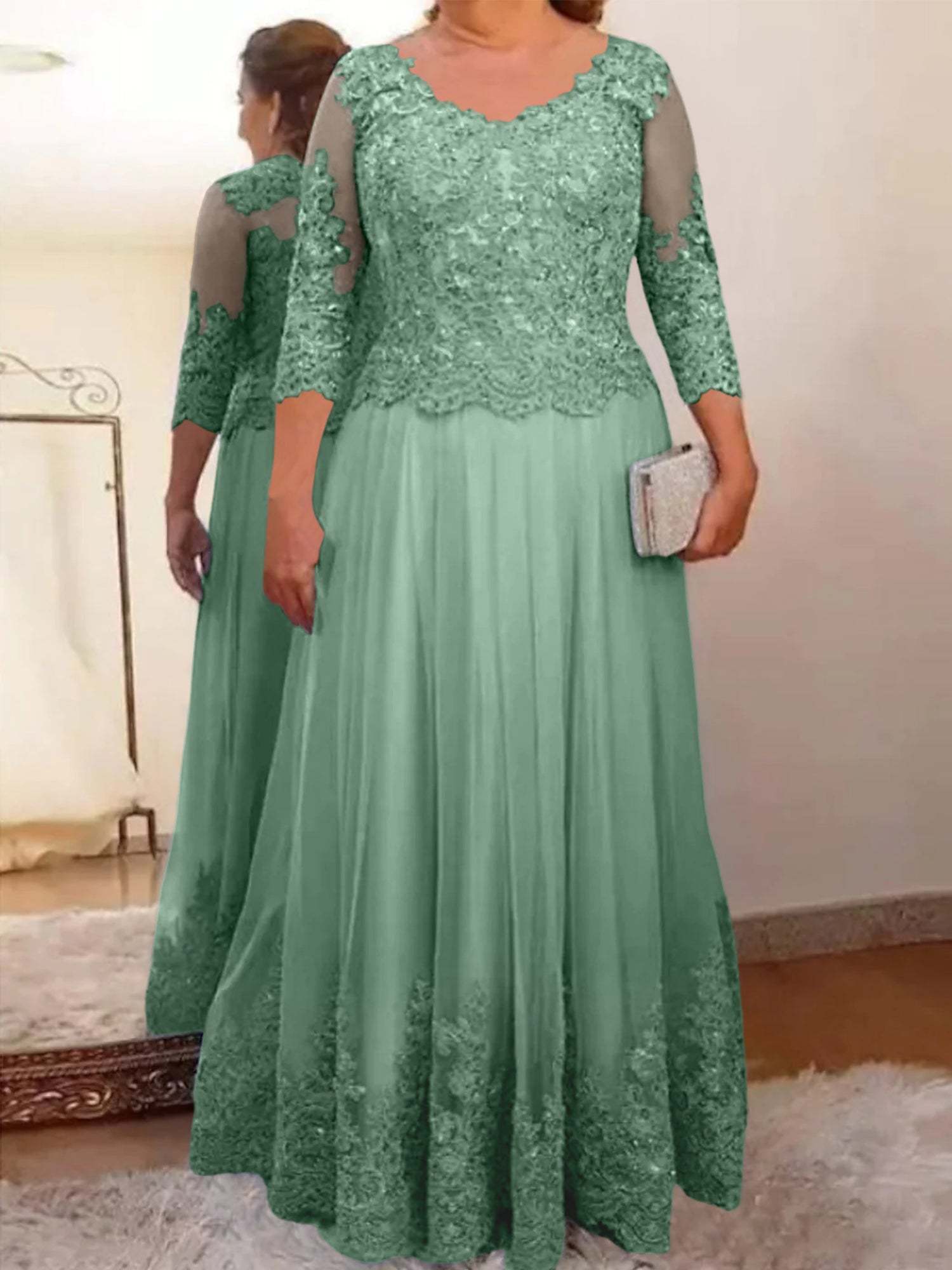 Floor-Length A-Line Mother of the Bride Dress with Sheer Neck and 3/4 Sleeves Featuring Applique-27prom