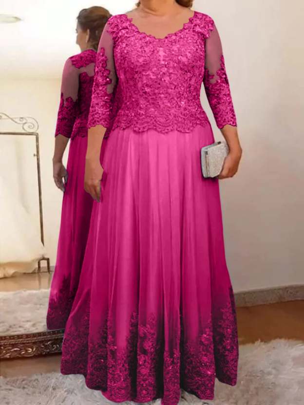 Floor-Length A-Line Mother of the Bride Dress with Sheer Neck and 3/4 Sleeves Featuring Applique-27prom