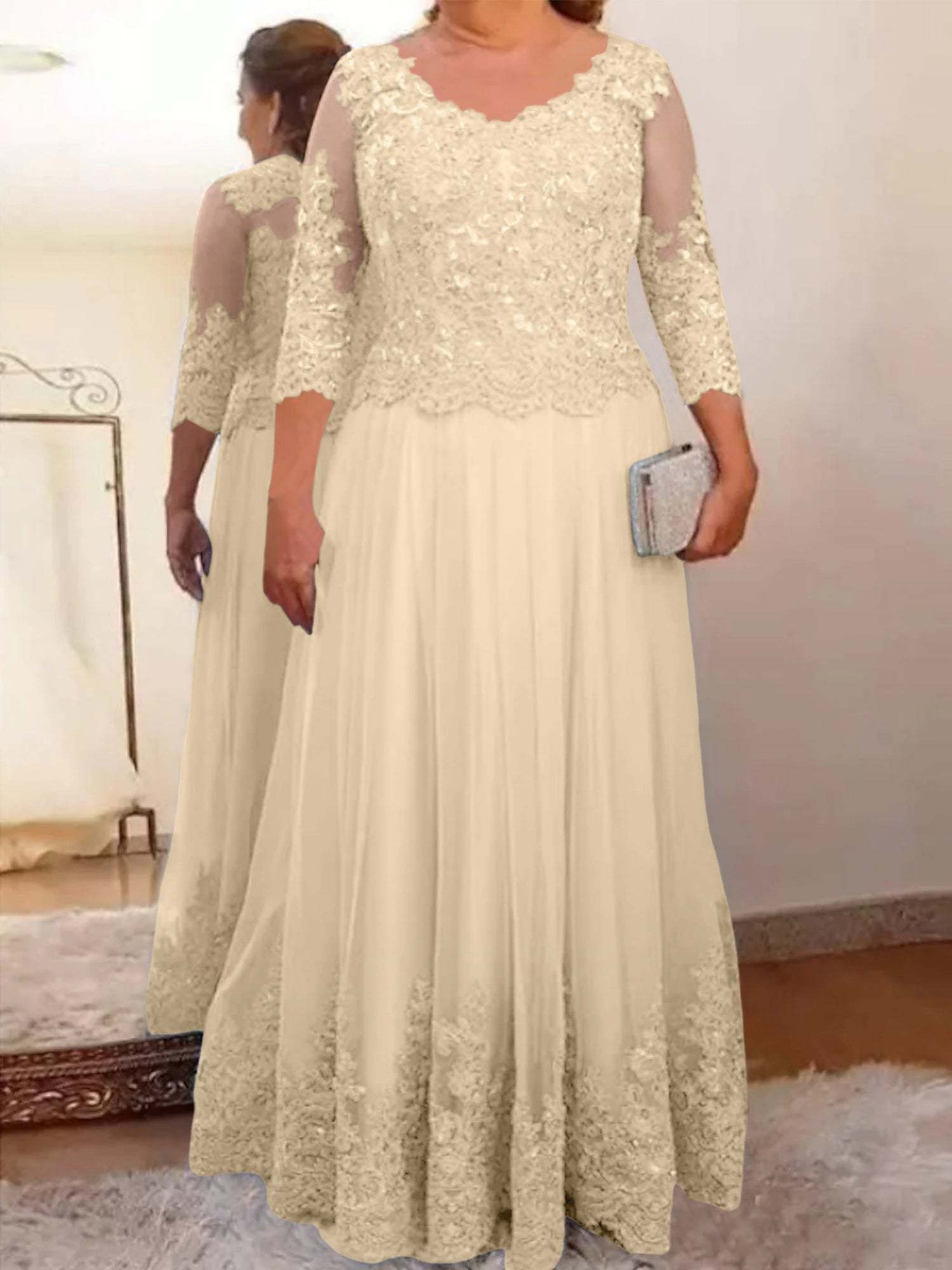 Floor-Length A-Line Mother of the Bride Dress with Sheer Neck and 3/4 Sleeves Featuring Applique-27prom