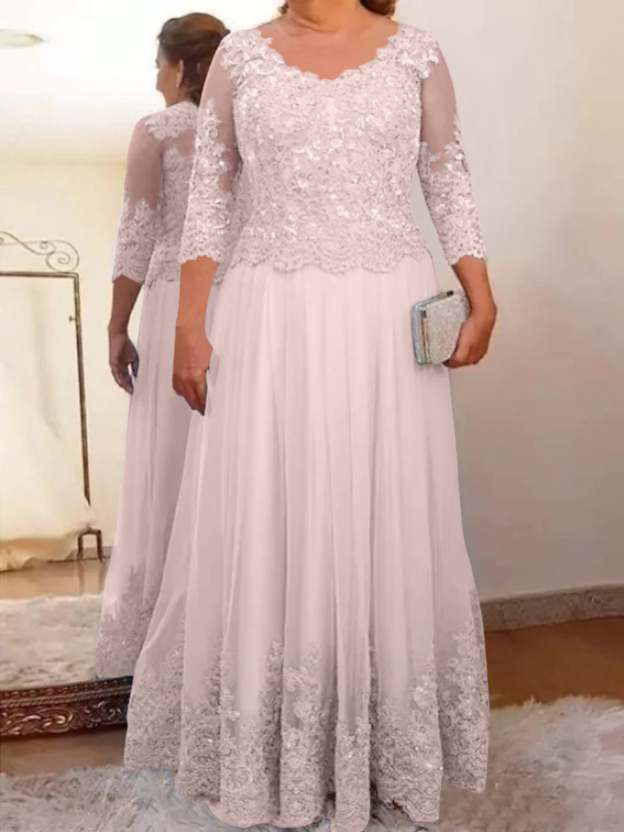 Floor-Length A-Line Mother of the Bride Dress with Sheer Neck and 3/4 Sleeves Featuring Applique-27prom