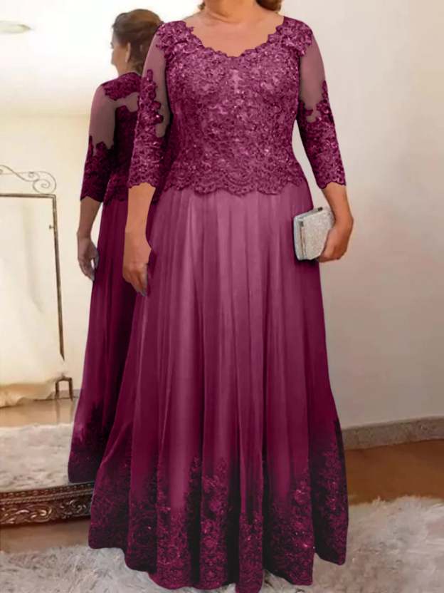 Floor-Length A-Line Mother of the Bride Dress with Sheer Neck and 3/4 Sleeves Featuring Applique-27prom