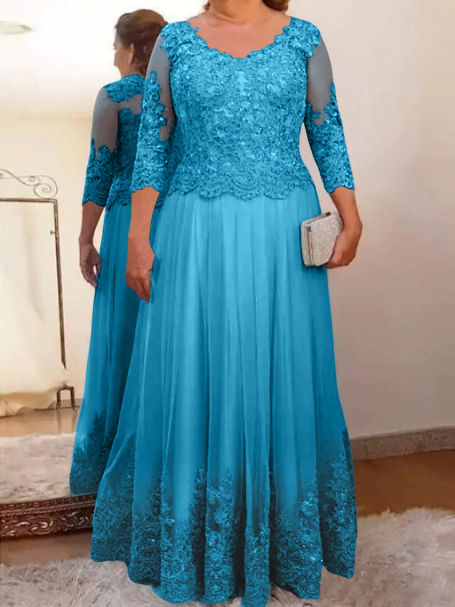 Floor-Length A-Line Mother of the Bride Dress with Sheer Neck and 3/4 Sleeves Featuring Applique-27prom
