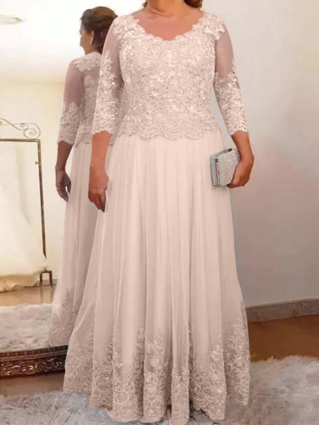 Floor-Length A-Line Mother of the Bride Dress with Sheer Neck and 3/4 Sleeves Featuring Applique-27prom