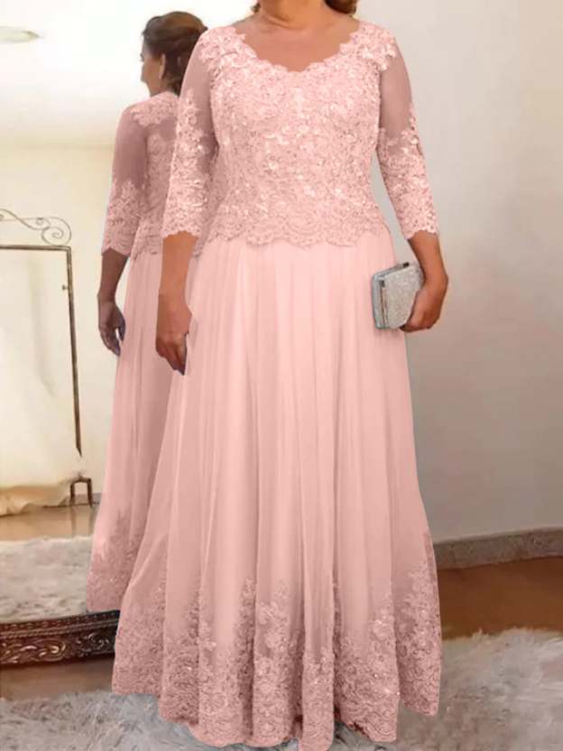 Floor-Length A-Line Mother of the Bride Dress with Sheer Neck and 3/4 Sleeves Featuring Applique-27prom