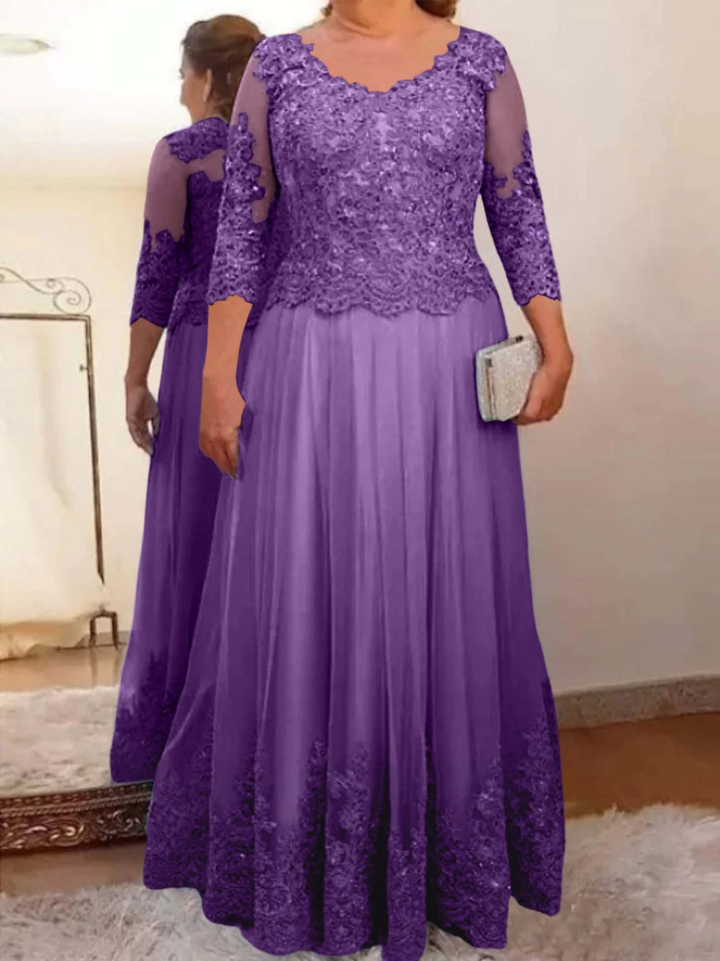 Floor-Length A-Line Mother of the Bride Dress with Sheer Neck and 3/4 Sleeves Featuring Applique-27prom