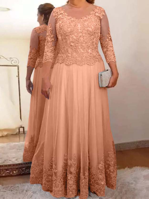 Floor-Length A-Line Mother of the Bride Dress with Sheer Neck and 3/4 Sleeves Featuring Applique-27prom