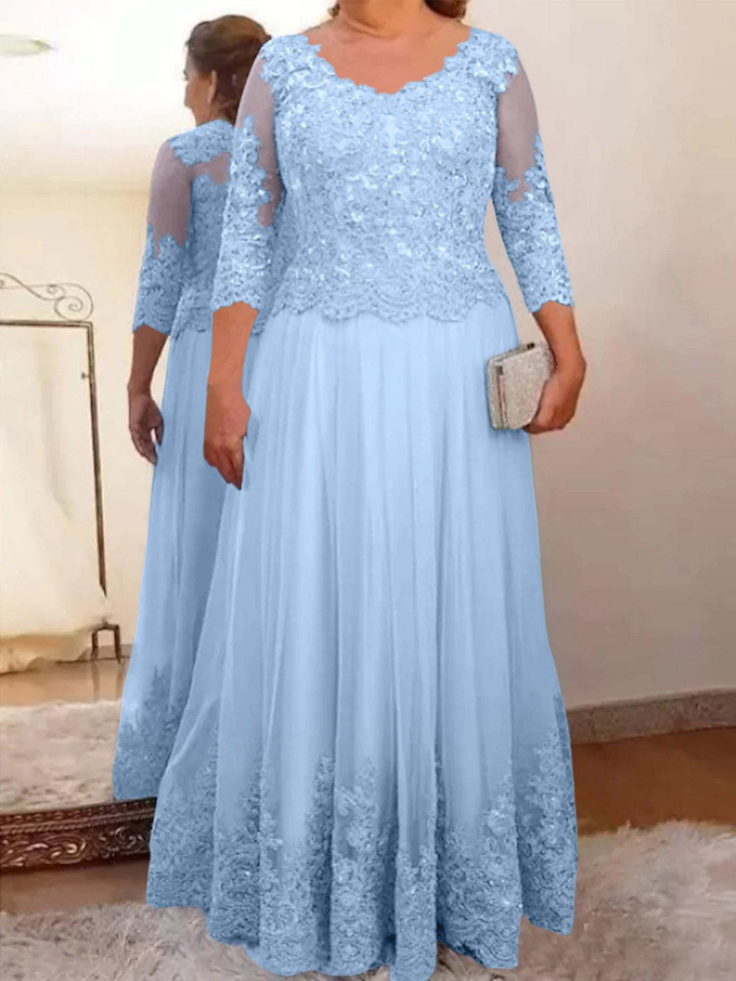 Floor-Length A-Line Mother of the Bride Dress with Sheer Neck and 3/4 Sleeves Featuring Applique-27prom