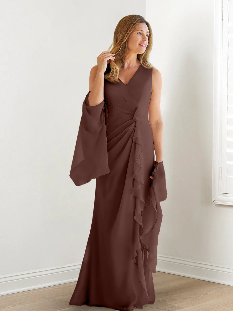 V-Neck Sleeveless Floor-Length Mother of the Bride Gown with Wraps & Ruffles-27prom