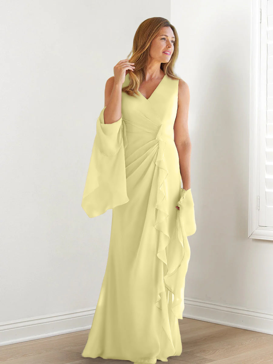 V-Neck Sleeveless Floor-Length Mother of the Bride Gown with Wraps & Ruffles-27prom