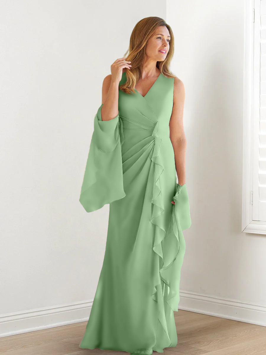 V-Neck Sleeveless Floor-Length Mother of the Bride Gown with Wraps & Ruffles-27prom