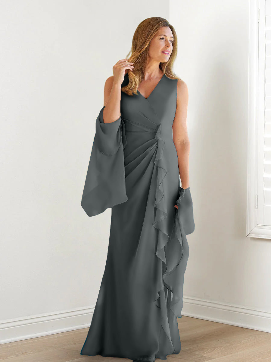V-Neck Sleeveless Floor-Length Mother of the Bride Gown with Wraps & Ruffles-27prom