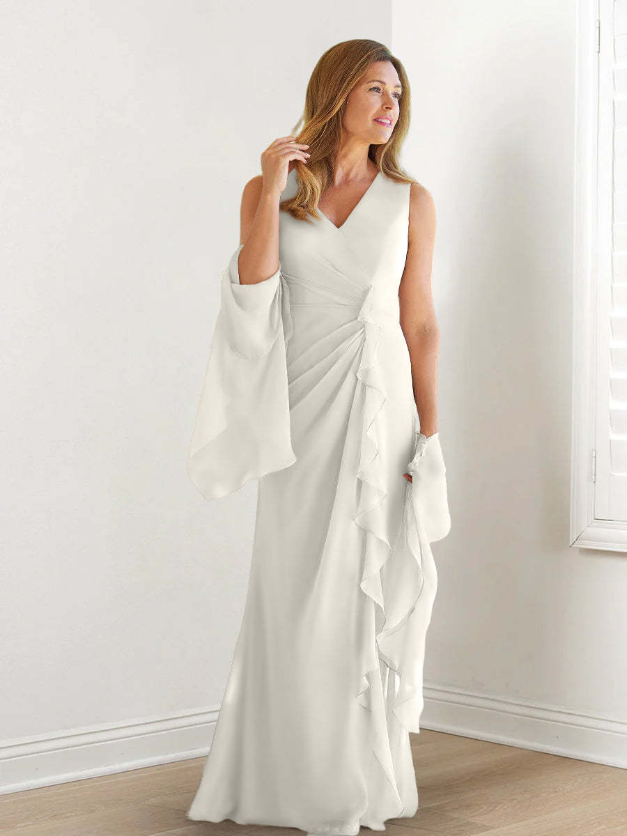 V-Neck Sleeveless Floor-Length Mother of the Bride Gown with Wraps & Ruffles-27prom