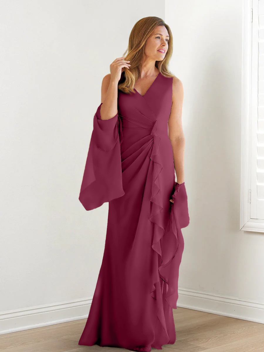 V-Neck Sleeveless Floor-Length Mother of the Bride Gown with Wraps & Ruffles-27prom