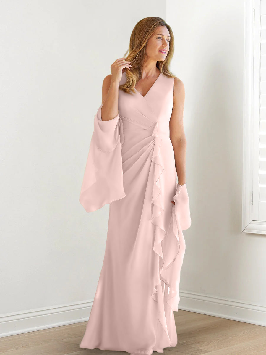 V-Neck Sleeveless Floor-Length Mother of the Bride Gown with Wraps & Ruffles-27prom