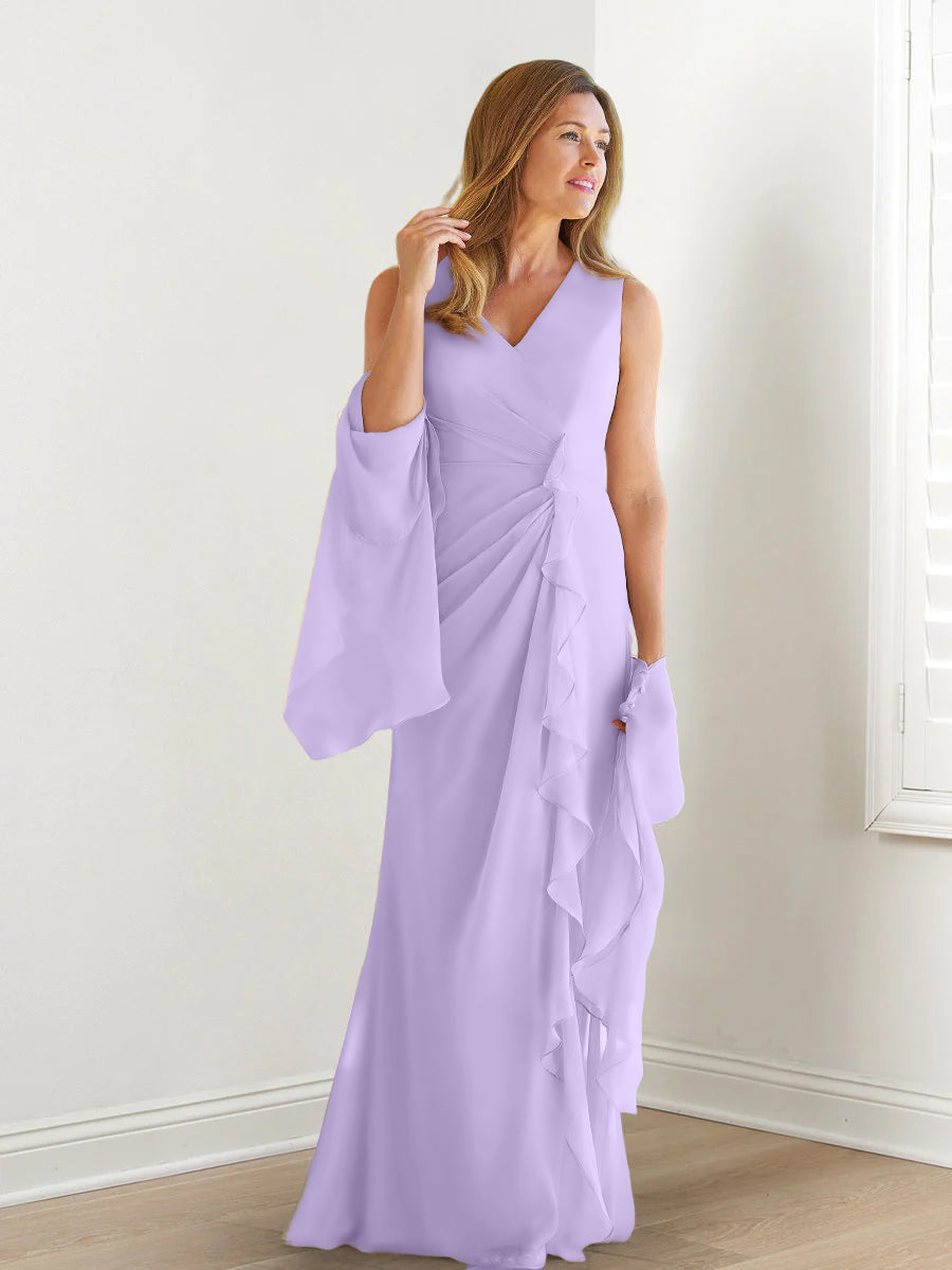 V-Neck Sleeveless Floor-Length Mother of the Bride Gown with Wraps & Ruffles-27prom