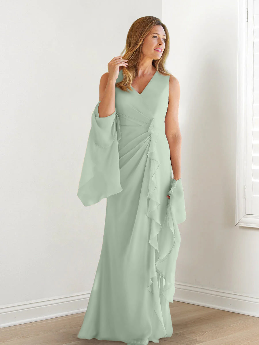 V-Neck Sleeveless Floor-Length Mother of the Bride Gown with Wraps & Ruffles-27prom