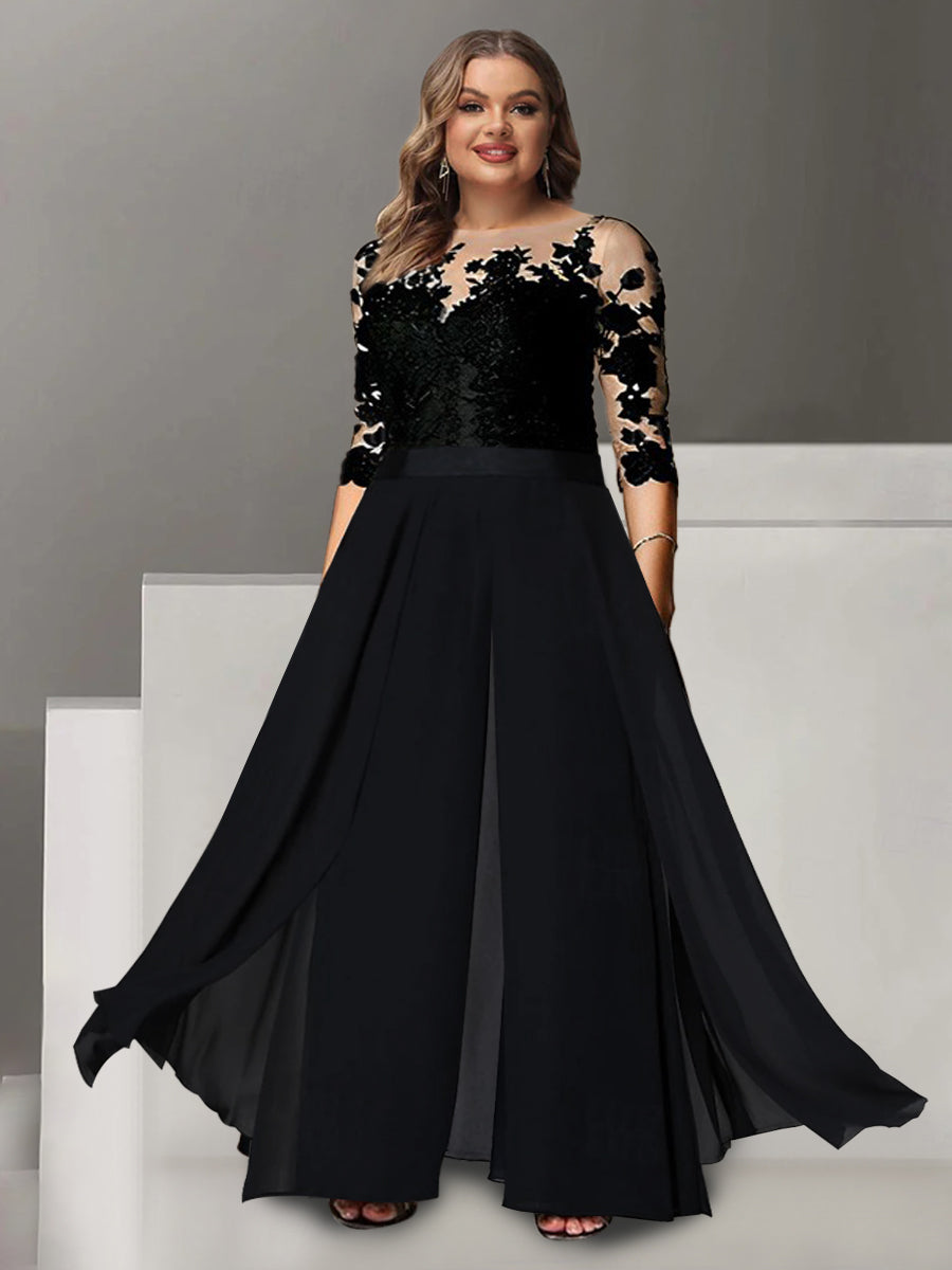 Princess A-Line Floor-Length Plus Size Mother of the Bride Pantsuit with Applique and 3/4 Sleeves Jewel Neck-27prom