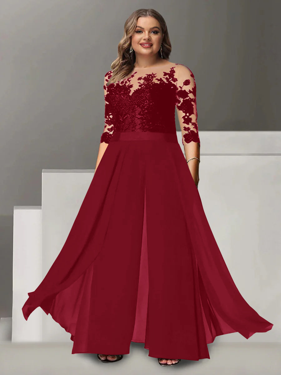 Princess A-Line Floor-Length Plus Size Mother of the Bride Pantsuit with Applique and 3/4 Sleeves Jewel Neck-27prom