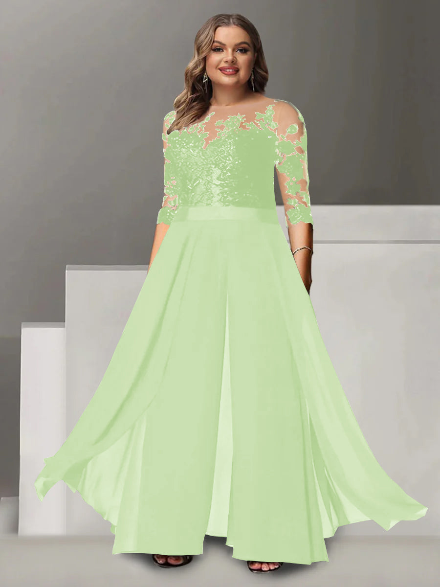 Princess A-Line Floor-Length Plus Size Mother of the Bride Pantsuit with Applique and 3/4 Sleeves Jewel Neck-27prom