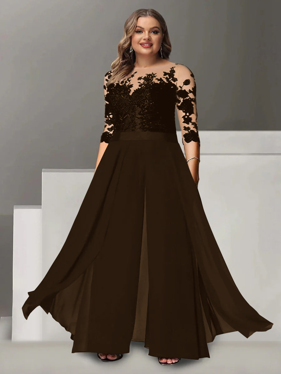 Princess A-Line Floor-Length Plus Size Mother of the Bride Pantsuit with Applique and 3/4 Sleeves Jewel Neck-27prom