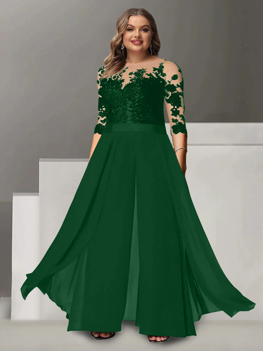 Princess A-Line Floor-Length Plus Size Mother of the Bride Pantsuit with Applique and 3/4 Sleeves Jewel Neck-27prom