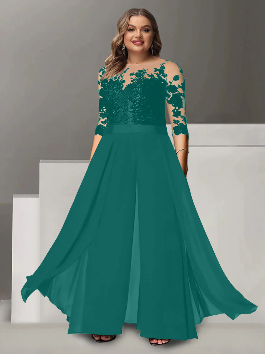 Princess A-Line Floor-Length Plus Size Mother of the Bride Pantsuit with Applique and 3/4 Sleeves Jewel Neck-27prom