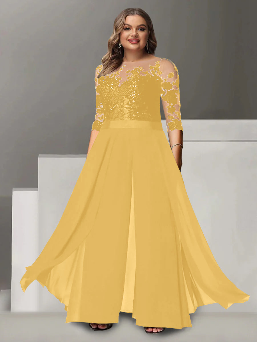 Princess A-Line Floor-Length Plus Size Mother of the Bride Pantsuit with Applique and 3/4 Sleeves Jewel Neck-27prom