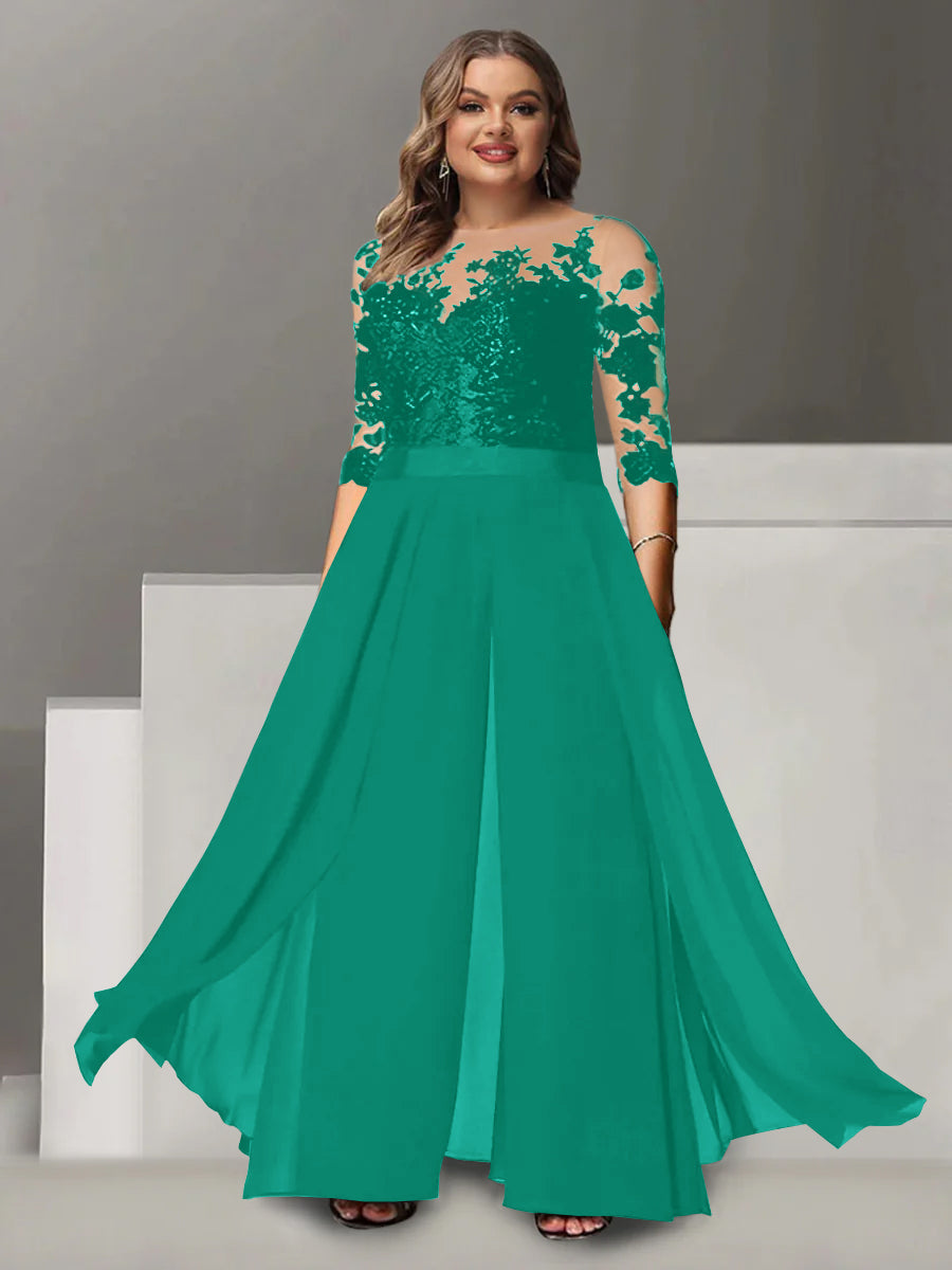 Princess A-Line Floor-Length Plus Size Mother of the Bride Pantsuit with Applique and 3/4 Sleeves Jewel Neck-27prom