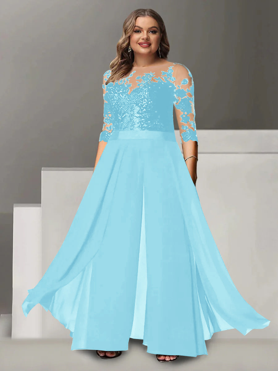 Princess A-Line Floor-Length Plus Size Mother of the Bride Pantsuit with Applique and 3/4 Sleeves Jewel Neck-27prom