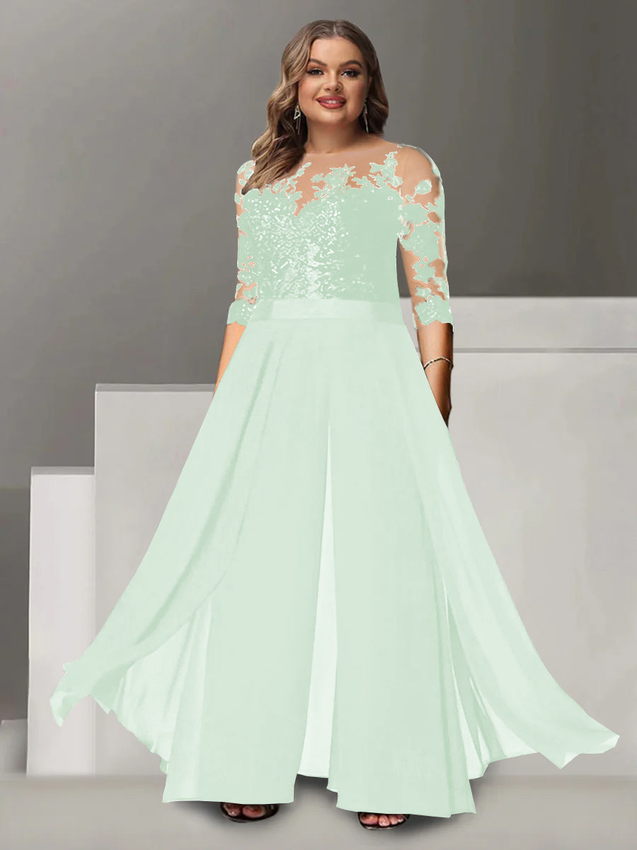 Princess A-Line Floor-Length Plus Size Mother of the Bride Pantsuit with Applique and 3/4 Sleeves Jewel Neck-27prom