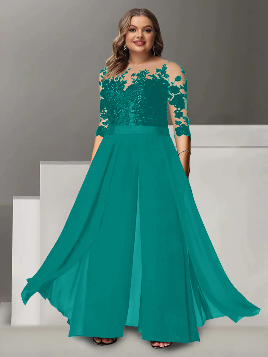 Princess A-Line Floor-Length Plus Size Mother of the Bride Pantsuit with Applique and 3/4 Sleeves Jewel Neck-27prom