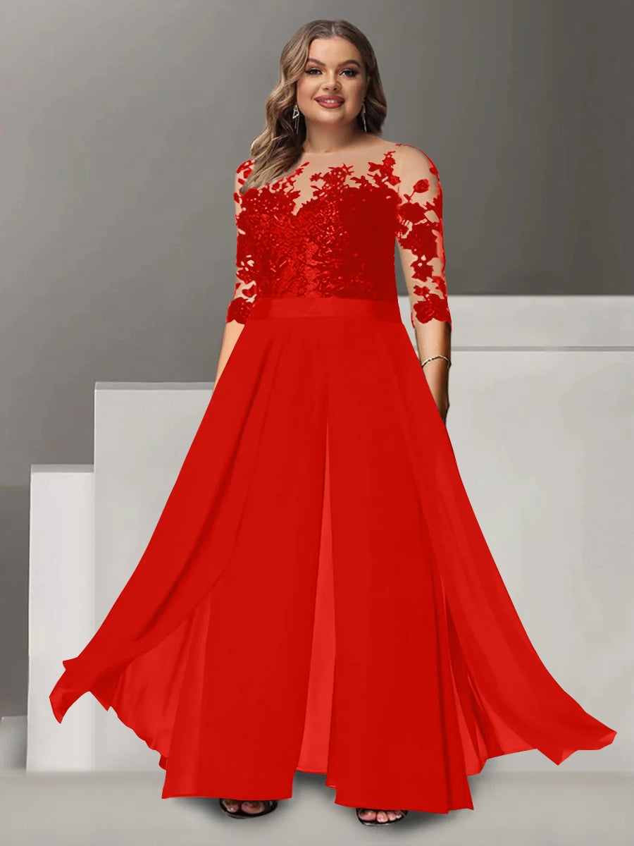 Princess A-Line Floor-Length Plus Size Mother of the Bride Pantsuit with Applique and 3/4 Sleeves Jewel Neck-27prom