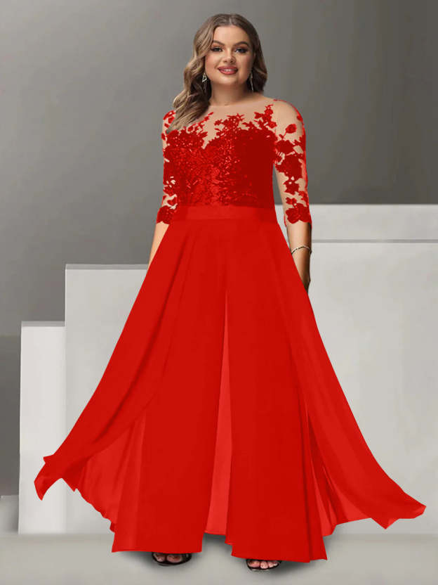 Princess A-Line Floor-Length Plus Size Mother of the Bride Pantsuit with Applique and 3/4 Sleeves Jewel Neck-27prom