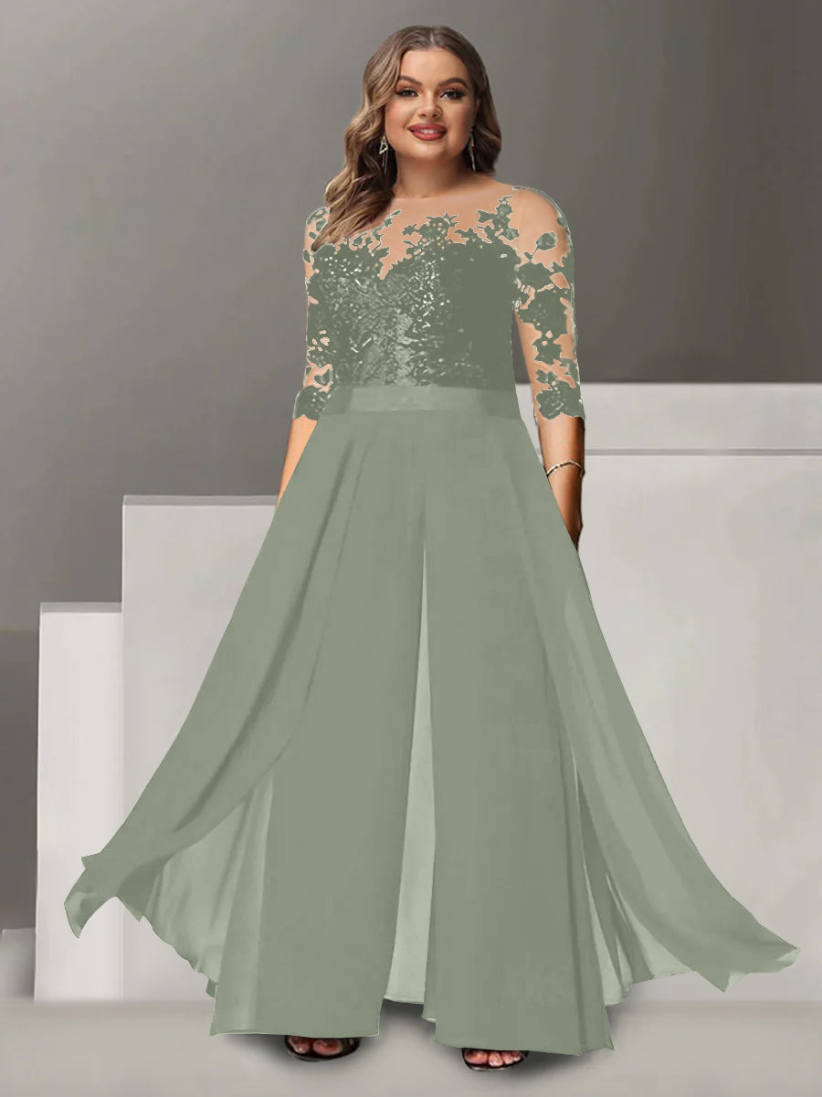 Princess A-Line Floor-Length Plus Size Mother of the Bride Pantsuit with Applique and 3/4 Sleeves Jewel Neck-27prom
