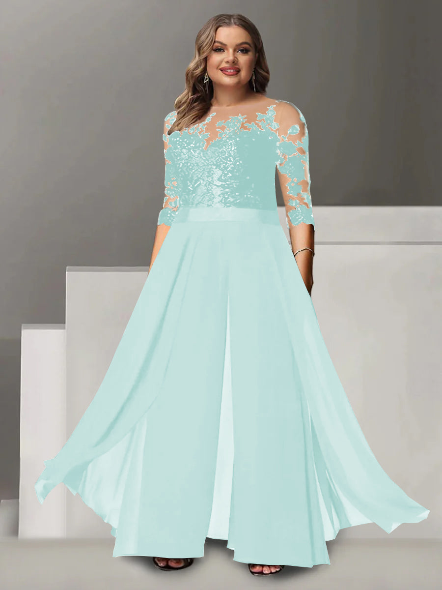 Princess A-Line Floor-Length Plus Size Mother of the Bride Pantsuit with Applique and 3/4 Sleeves Jewel Neck-27prom