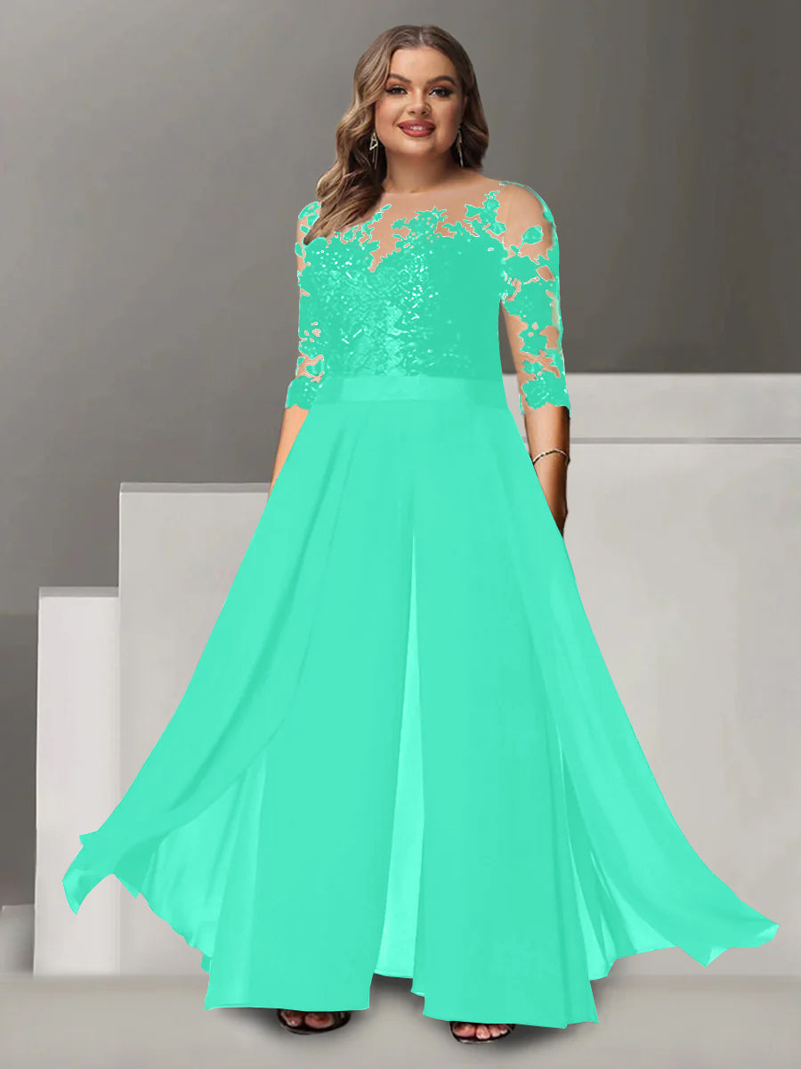 Princess A-Line Floor-Length Plus Size Mother of the Bride Pantsuit with Applique and 3/4 Sleeves Jewel Neck-27prom