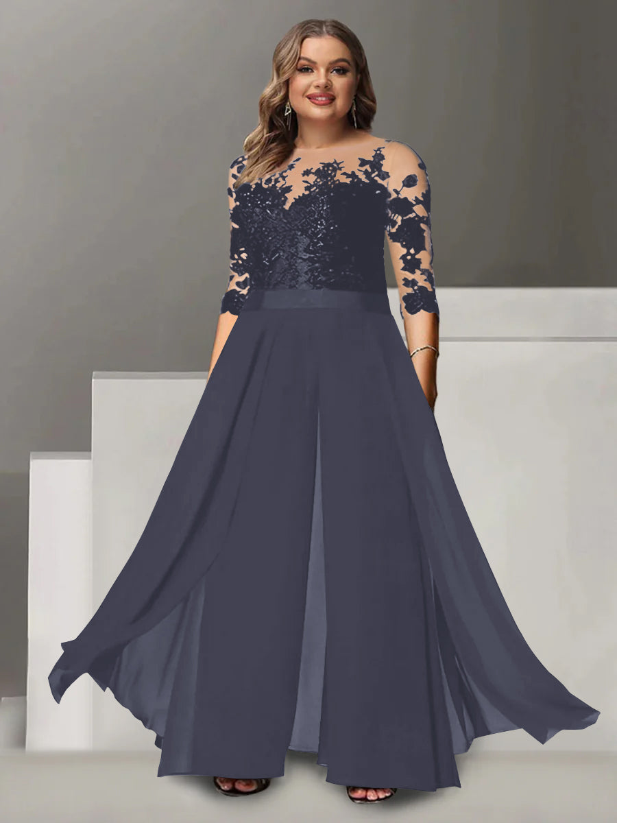 Princess A-Line Floor-Length Plus Size Mother of the Bride Pantsuit with Applique and 3/4 Sleeves Jewel Neck-27prom
