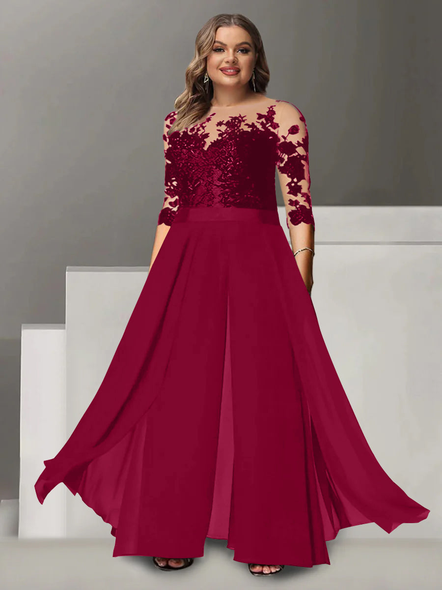 Princess A-Line Floor-Length Plus Size Mother of the Bride Pantsuit with Applique and 3/4 Sleeves Jewel Neck-27prom