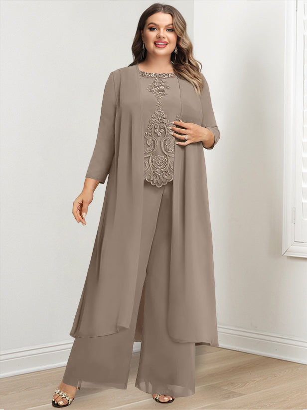 Plus Size Floor-Length Chiffon Pantsuit for the Mother of the Bride with Round Neck and Applique Jacket-27prom
