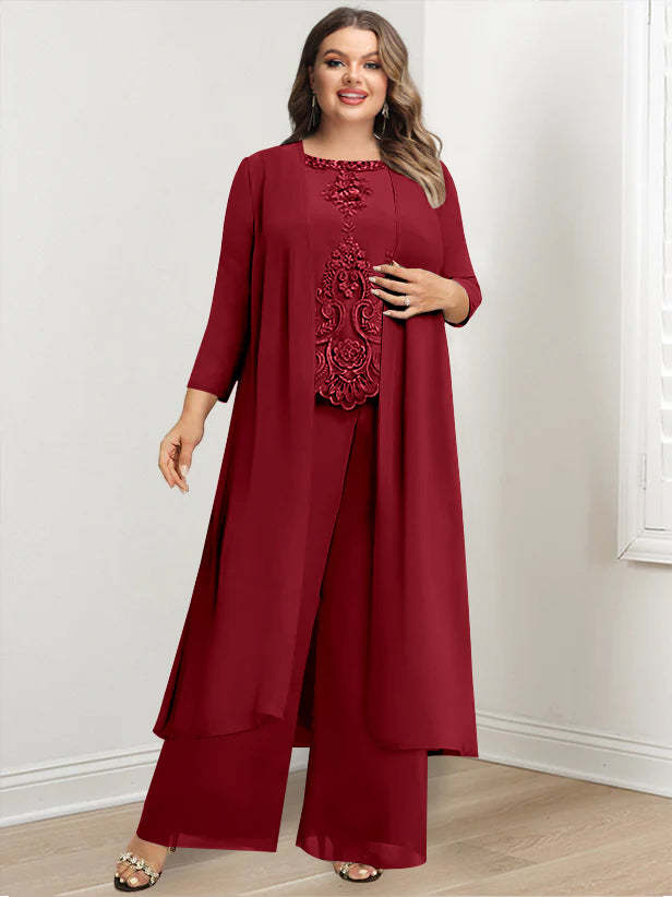 Plus Size Floor-Length Chiffon Pantsuit for the Mother of the Bride with Round Neck and Applique Jacket-27prom