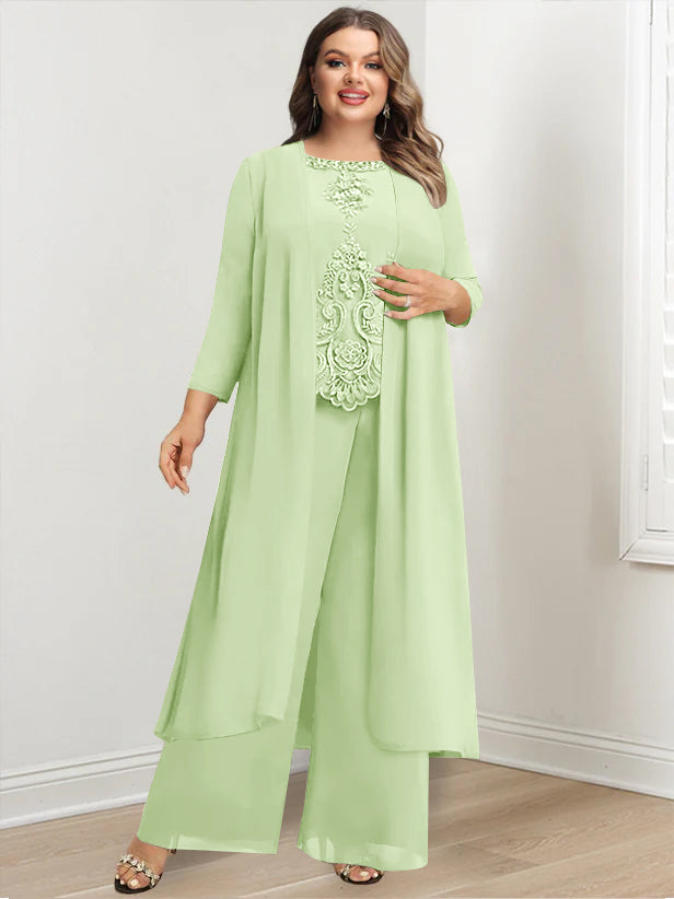 Plus Size Floor-Length Chiffon Pantsuit for the Mother of the Bride with Round Neck and Applique Jacket-27prom