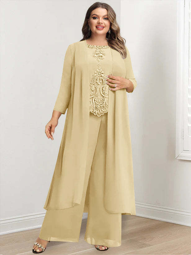 Plus Size Floor-Length Chiffon Pantsuit for the Mother of the Bride with Round Neck and Applique Jacket-27prom